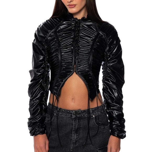 Akira, Black INTO THE MATRIX FAUX LEATHER RUCHED BLOUSE Jacket, Size M - Picture 8 of 8